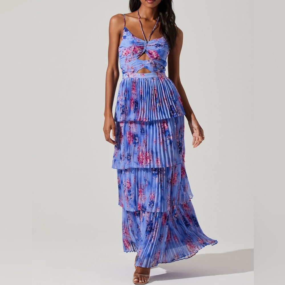 Astr Floral Blue Tiered Maxi Dress